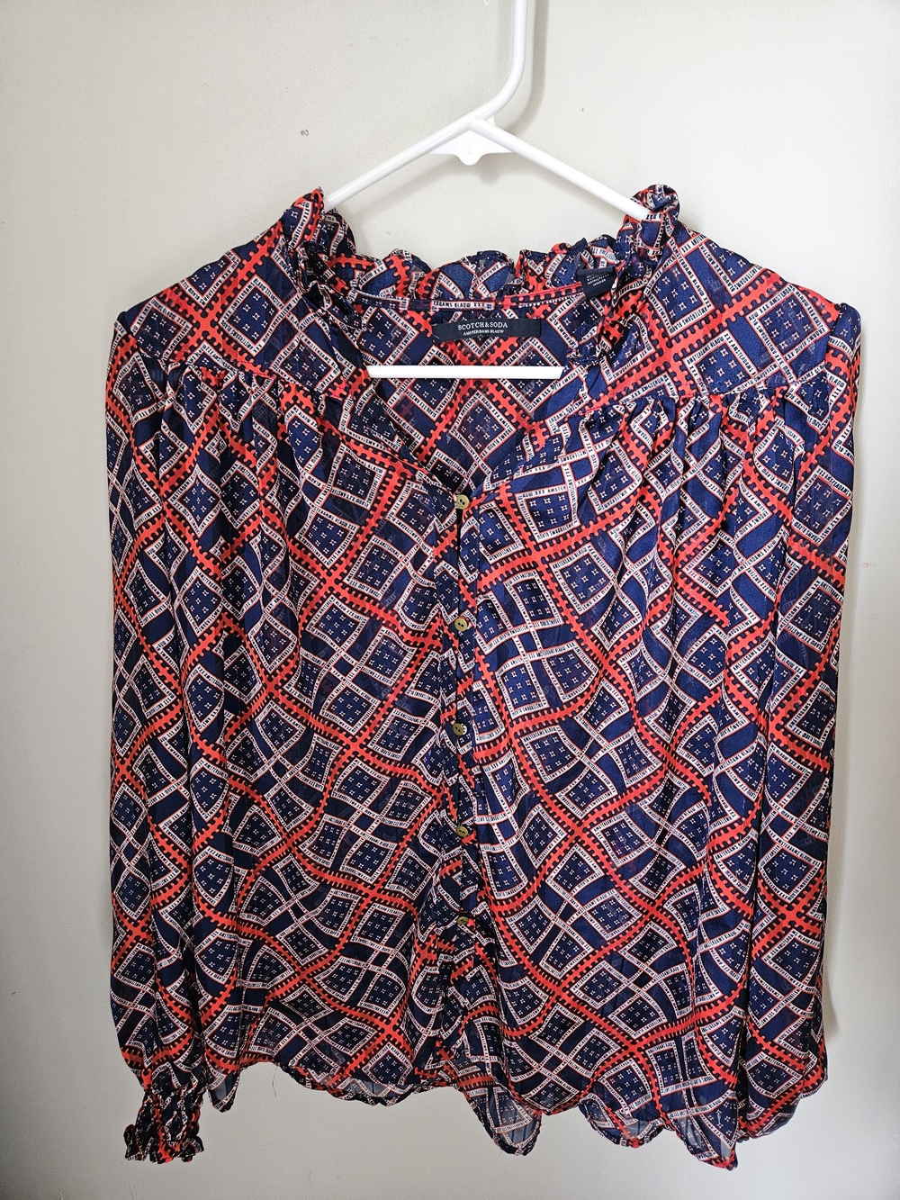 Scotch & Soda Geometric Blouse Blue & Red Small Like New
